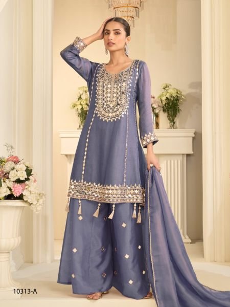 Festive Purple Simar Silk Kurti with Original Mirror Embroidery and Palazzo at Wholesale Rate Salwar Kameez