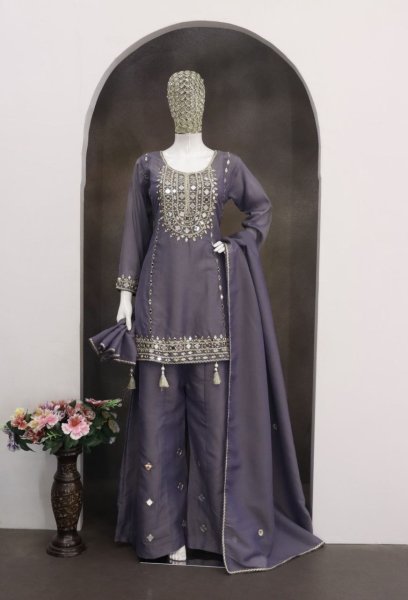 Festive Purple Simar Silk Kurti with Original Mirror Embroidery and Palazzo at Wholesale Rate Designer Plazzo Salwar Suits Wholesale