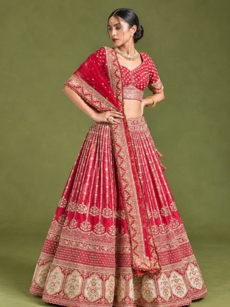 Festive Red Rangoon Silk Lehenga with Embroidered Unstitched Blouse for Wedding 