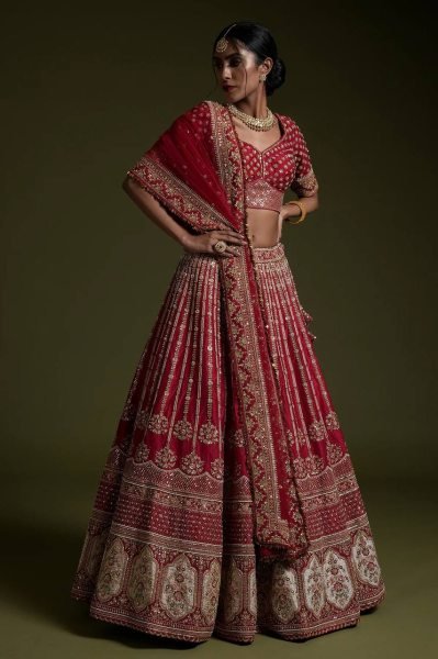 Festive Red Rangoon Silk Lehenga with Embroidered Unstitched Blouse for Wedding Bridal Lehenga Choli