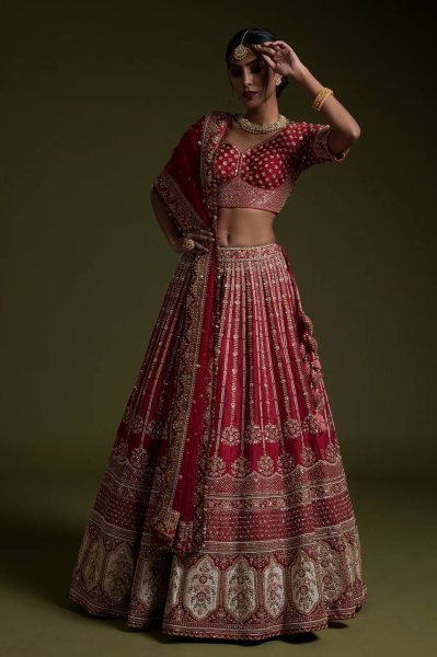 Festive Red Rangoon Silk Lehenga with Embroidered Unstitched Blouse for Wedding Bridal Lehenga Choli