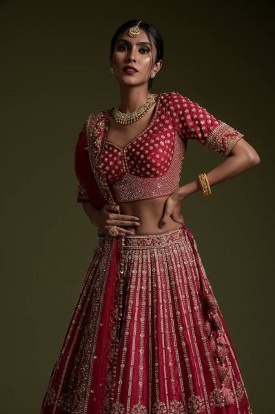 Festive Red Rangoon Silk Lehenga with Embroidered Unstitched Blouse for Wedding Bridal Lehenga Choli