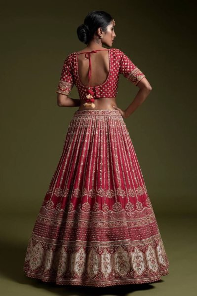 Festive Red Rangoon Silk Lehenga with Embroidered Unstitched Blouse for Wedding Bridal Lehenga Choli