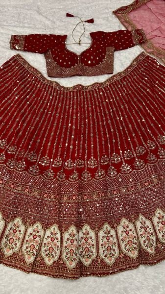 Festive Red Rangoon Silk Lehenga with Embroidered Unstitched Blouse for Wedding Bridal Lehenga Choli