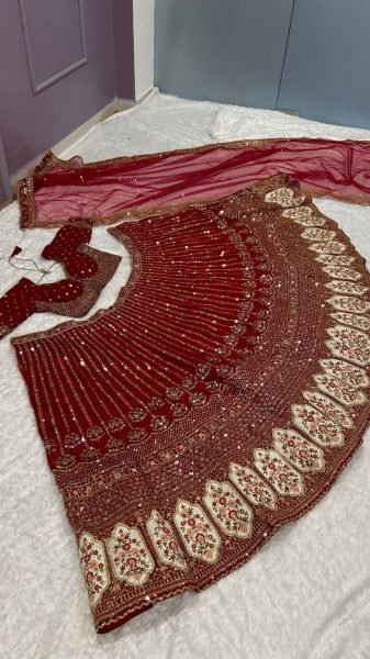 Festive Red Rangoon Silk Lehenga with Embroidered Unstitched Blouse for Wedding Bridal Lehenga Choli