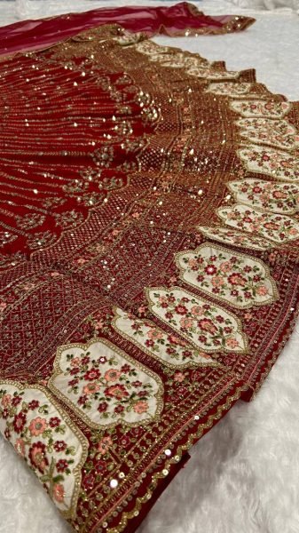 Festive Red Rangoon Silk Lehenga with Embroidered Unstitched Blouse for Wedding Bridal Lehenga Choli