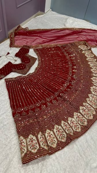 Festive Red Rangoon Silk Lehenga with Embroidered Unstitched Blouse for Wedding Bridal Lehenga Choli