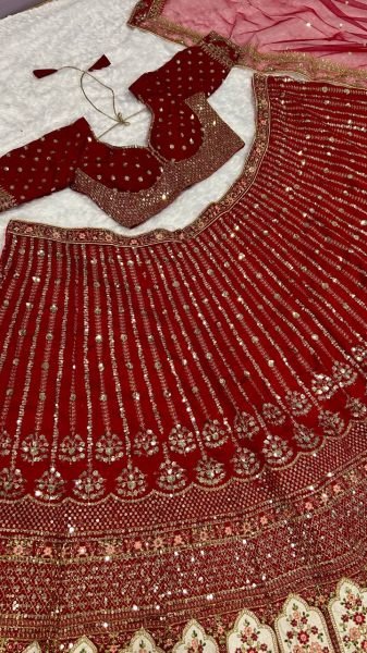 Festive Red Rangoon Silk Lehenga with Embroidered Unstitched Blouse for Wedding Bridal Lehenga Choli