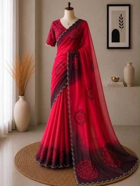 Festive Red Soft Fandy Satin Saree with Floral Digital Print For Party 