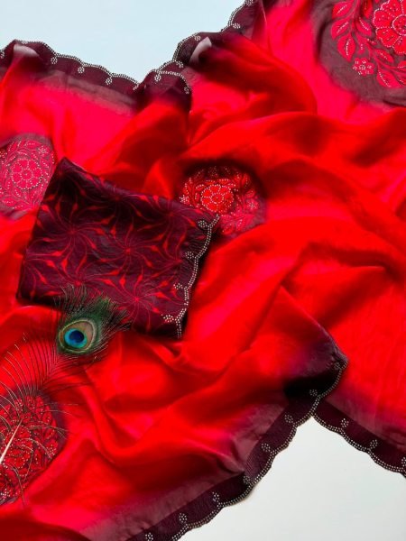 Festive Red Soft Fandy Satin Saree with Floral Digital Print For Party Printed Cotton Sarees Wholesale