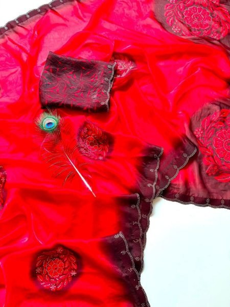 Festive Red Soft Fandy Satin Saree with Floral Digital Print For Party Printed Cotton Sarees Wholesale