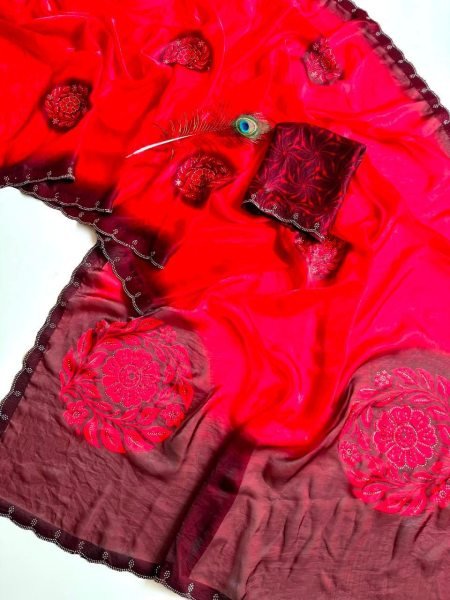 Festive Red Soft Fandy Satin Saree with Floral Digital Print For Party Printed Cotton Sarees Wholesale