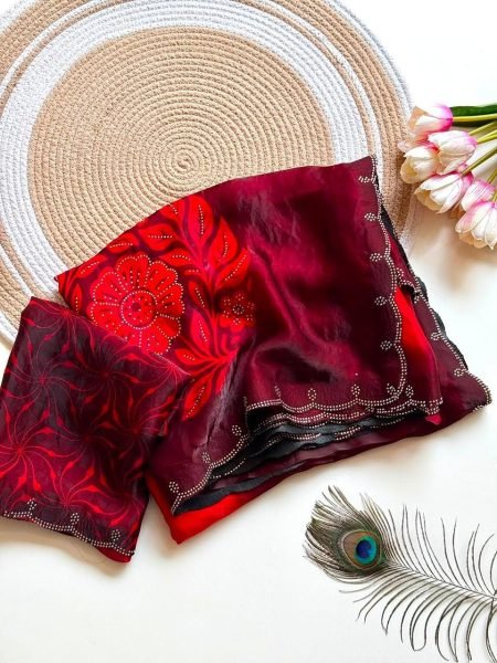Festive Red Soft Fandy Satin Saree with Floral Digital Print For Party Printed Cotton Sarees Wholesale