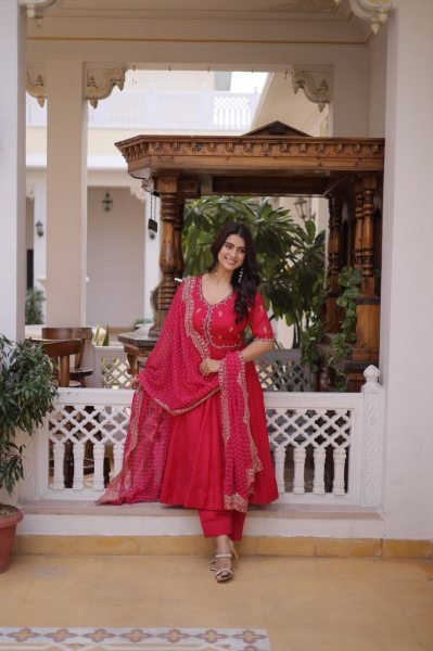 Festive Royalty Pink Fancy Kurti Set With Sequins Cut Work Dupatta Ready To Wear Collection