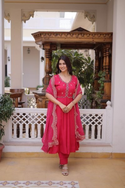 Festive Royalty Pink Fancy Kurti Set With Sequins Cut Work Dupatta Ready To Wear Collection