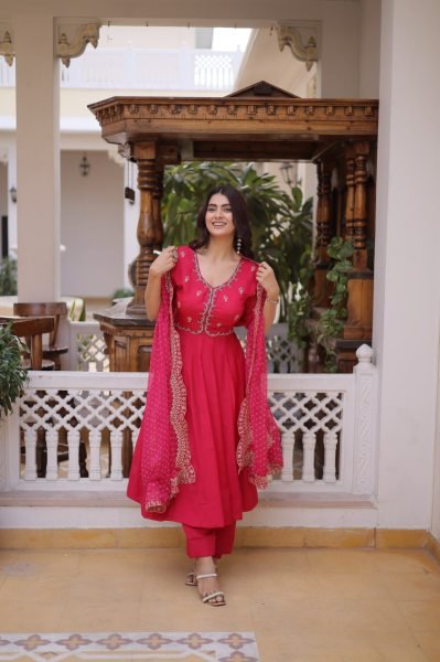 Festive Royalty Pink Fancy Kurti Set With Sequins Cut Work Dupatta Ready To Wear Collection