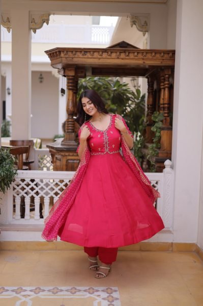 Festive Royalty Pink Fancy Kurti Set With Sequins Cut Work Dupatta Ready To Wear Collection