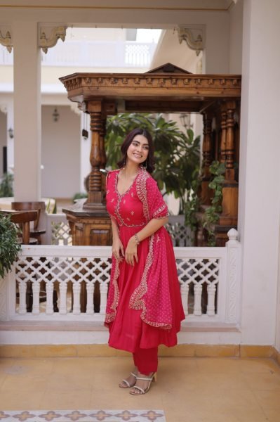 Festive Royalty Pink Fancy Kurti Set With Sequins Cut Work Dupatta Ready To Wear Collection