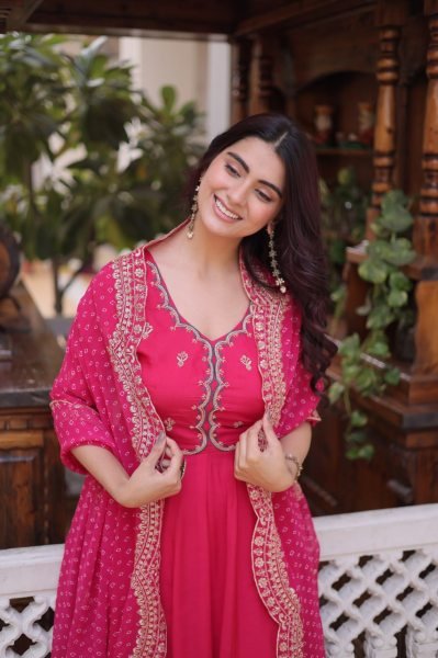 Festive Royalty Pink Fancy Kurti Set With Sequins Cut Work Dupatta Ready To Wear Collection
