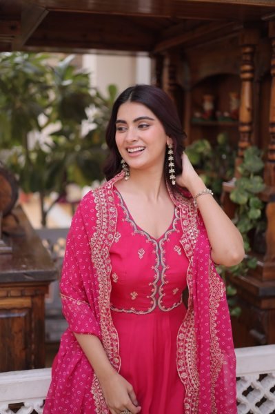 Festive Royalty Pink Fancy Kurti Set With Sequins Cut Work Dupatta Ready To Wear Collection