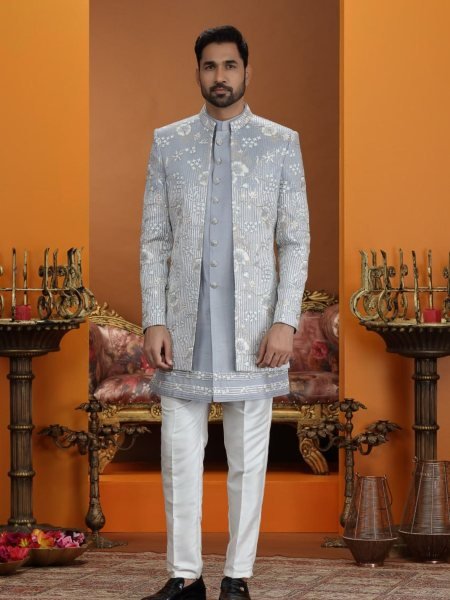 Festive Silver Grey Premium Wedding Wear Art Silk Suit Set with Heavy Detailing 