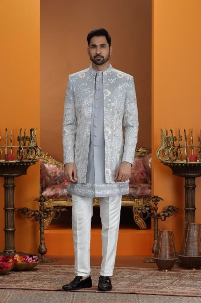 Festive Silver Grey Premium Wedding Wear Art Silk Suit Set with Heavy Detailing Kurta Pajama Wholesale