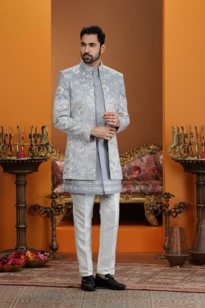 Festive Silver Grey Premium Wedding Wear Art Silk Suit Set with Heavy Detailing Kurta Pajama Wholesale