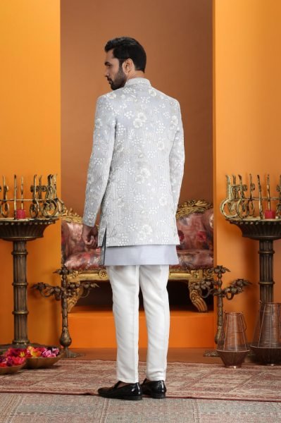 Festive Silver Grey Premium Wedding Wear Art Silk Suit Set with Heavy Detailing Kurta Pajama Wholesale