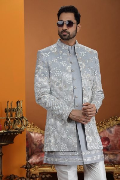 Festive Silver Grey Premium Wedding Wear Art Silk Suit Set with Heavy Detailing Kurta Pajama Wholesale