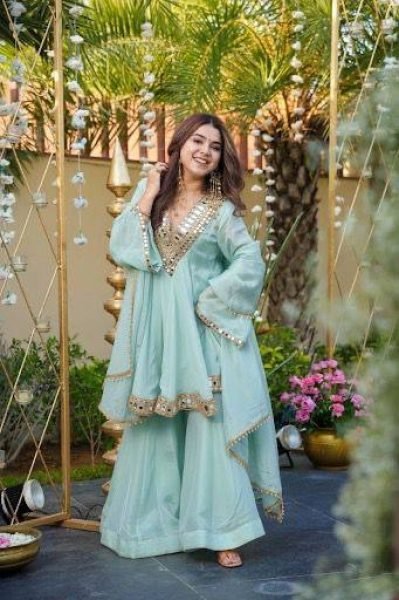 Festive Sky Blue Chinon Silk Plazzo Suit with  Lace Border Dupatta for Wedding Wear Ready To Wear Collection