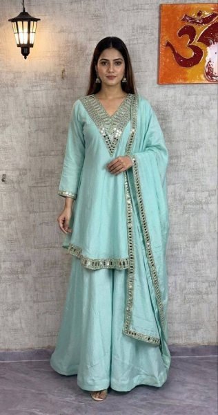 Festive Sky Blue Chinon Silk Plazzo Suit with  Lace Border Dupatta for Wedding Wear Ready To Wear Collection