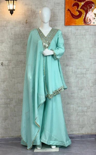 Festive Sky Blue Chinon Silk Plazzo Suit with  Lace Border Dupatta for Wedding Wear Ready To Wear Collection