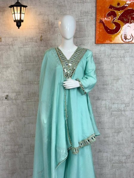 Festive Sky Blue Chinon Silk Plazzo Suit with  Lace Border Dupatta for Wedding Wear Ready To Wear Collection