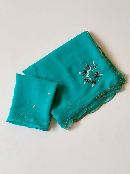 Festive Sky Blue Handcrafted Siffon Saree with Beautiful Patch Work at Manufacturer Rate Pure Chiffon Sarees Wholesale