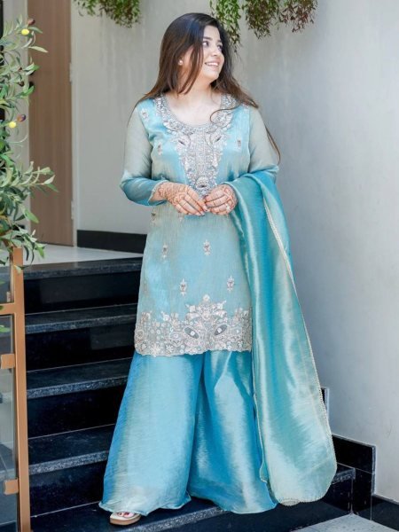 Festive Sky Blue Silk Embroidered Suit with Flared Bottom and Dupatta for Resellers Ready To Wear Suit