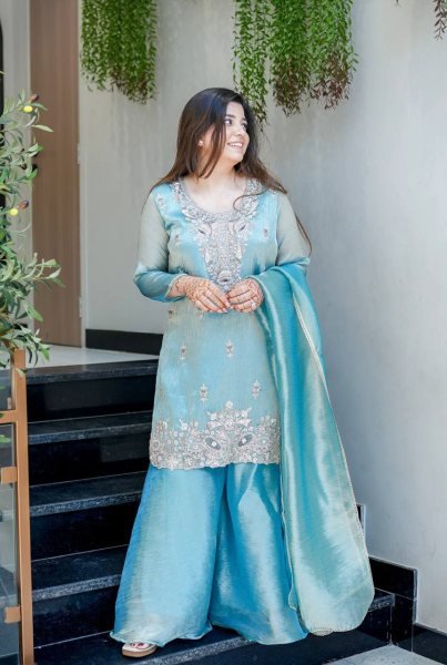 Festive Sky Blue Silk Embroidered Suit with Flared Bottom and Dupatta for Resellers Ready To Wear Collection