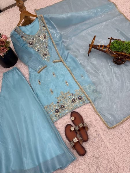 Festive Sky Blue Silk Embroidered Suit with Flared Bottom and Dupatta for Resellers Ready To Wear Collection