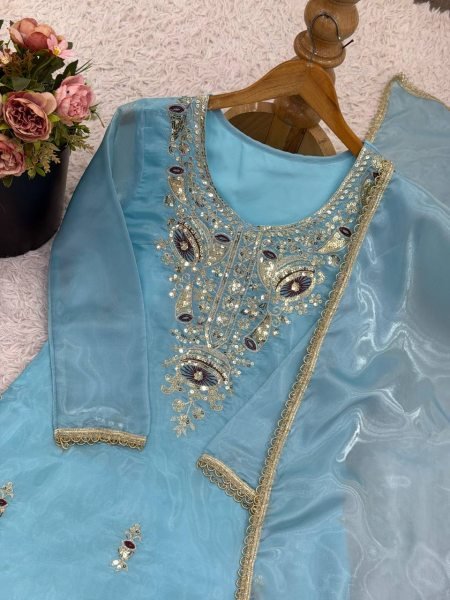 Festive Sky Blue Silk Embroidered Suit with Flared Bottom and Dupatta for Resellers Ready To Wear Collection
