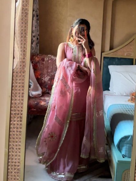 Rosy Radiance Tabby Organza Festive Sharara Set with Sequin & Mirror Glam Ready To Wear Suit