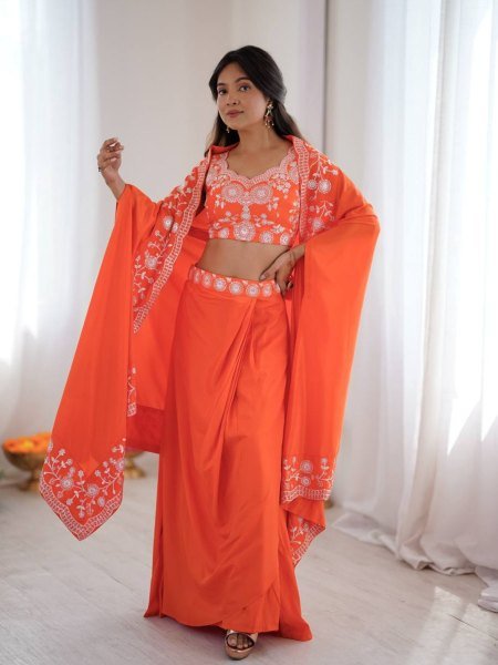 Festive Special Orange French Crepe Western Dhoti Set  Lehenga