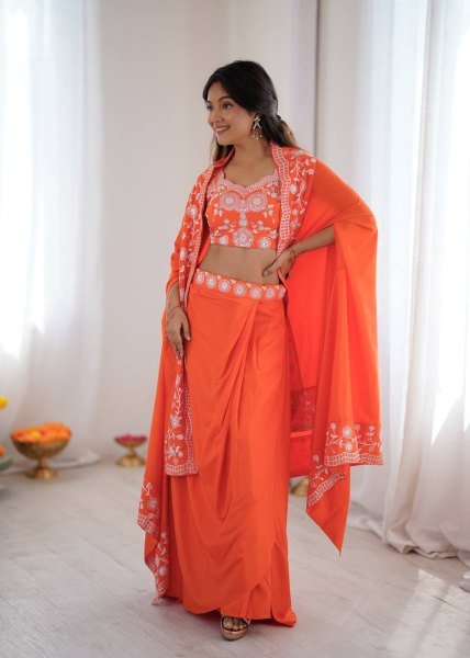 Festive Special Orange French Crepe Western Dhoti Set Bollywood Lehenga Choli