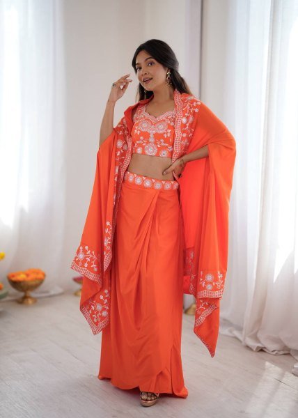 Festive Special Orange French Crepe Western Dhoti Set Bollywood Lehenga Choli