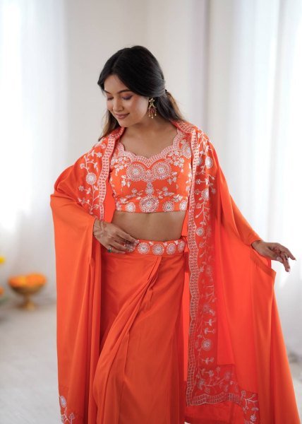 Festive Special Orange French Crepe Western Dhoti Set Bollywood Lehenga Choli