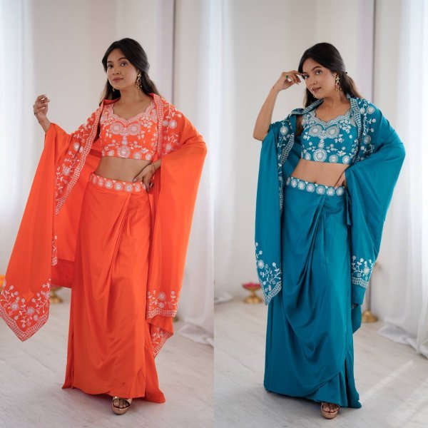 Festive Special Orange French Crepe Western Dhoti Set Bollywood Lehenga Choli