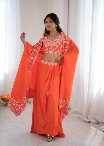 Festive Special Orange French Crepe Western Dhoti Set Bollywood Lehenga Choli