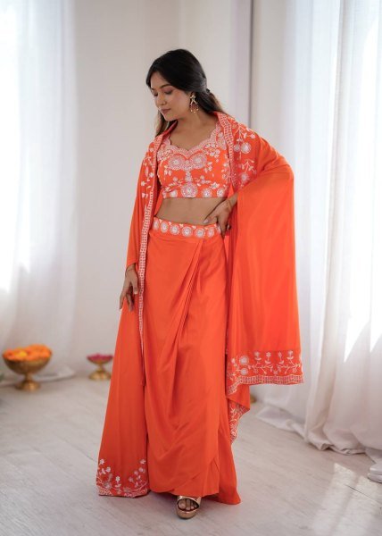 Festive Special Orange French Crepe Western Dhoti Set Bollywood Lehenga Choli