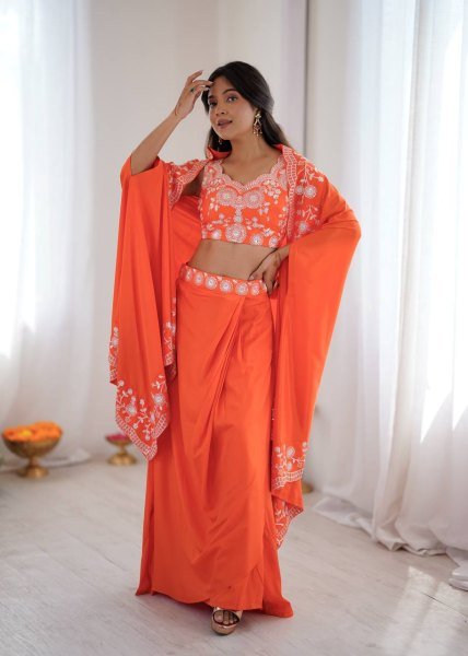 Festive Special Orange French Crepe Western Dhoti Set Bollywood Lehenga Choli