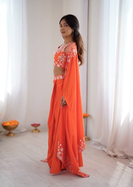 Festive Special Orange French Crepe Western Dhoti Set Bollywood Lehenga Choli