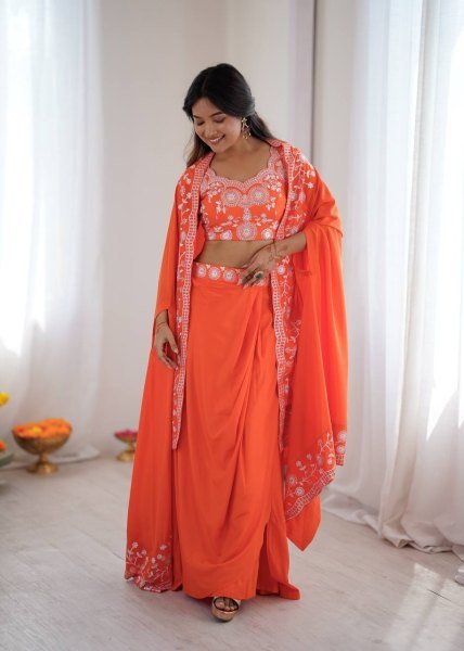 Festive Special Orange French Crepe Western Dhoti Set Bollywood Lehenga Choli