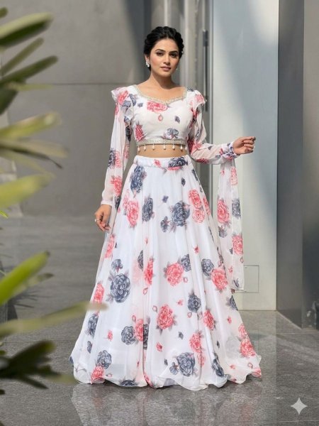 Festive Special White Kalamkari Lehenga with Attached Dupatta Pattern